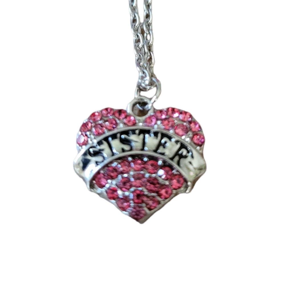 Sister pink crystal heart necklace